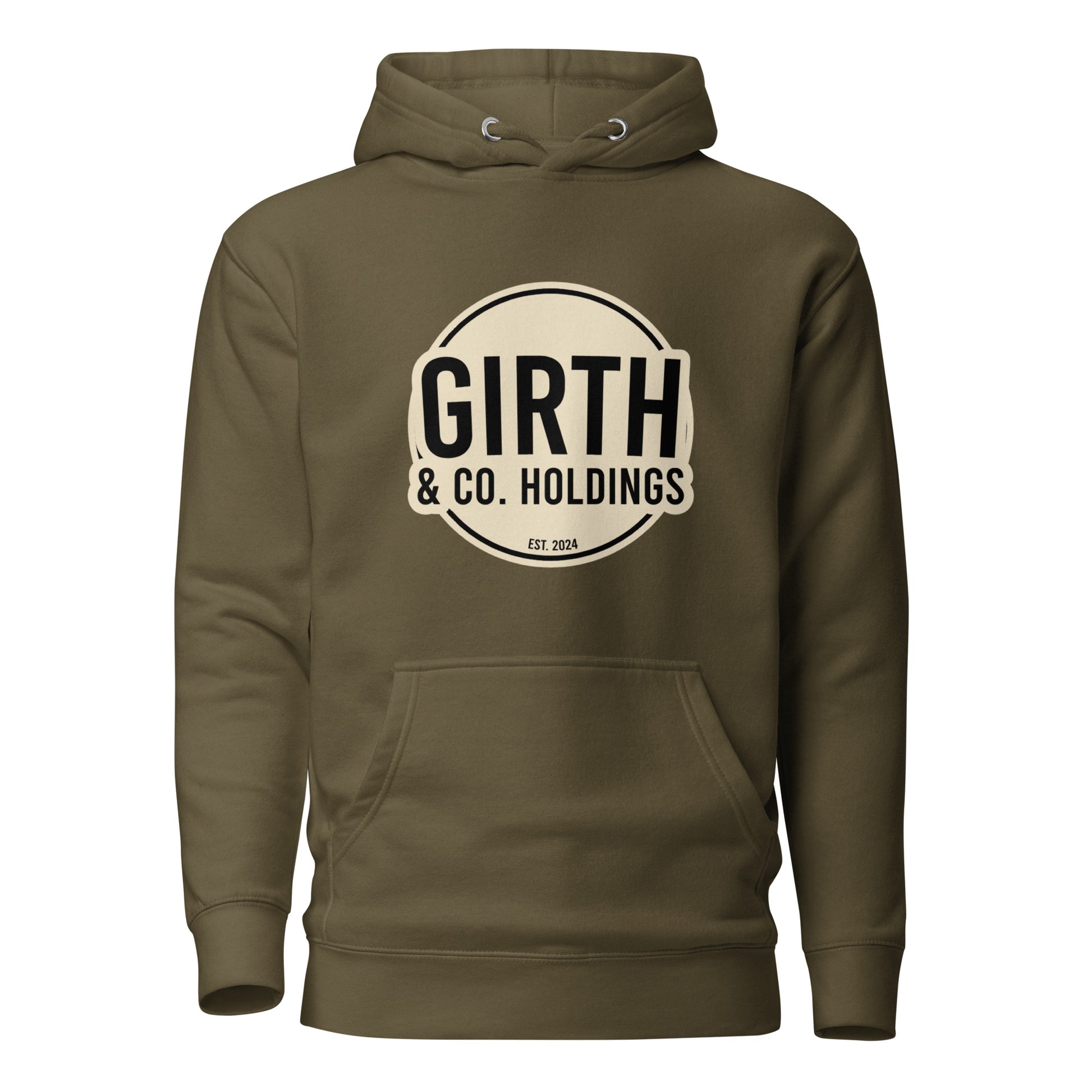 The Bougie Boiz Clubs maroon Girth & Co. - Unisex Hoodie features a circular logo with Girth & Co. Holdings and Est. 2024 in black and beige, a front pocket, and offers heavyweight confidence in an oversized fit.