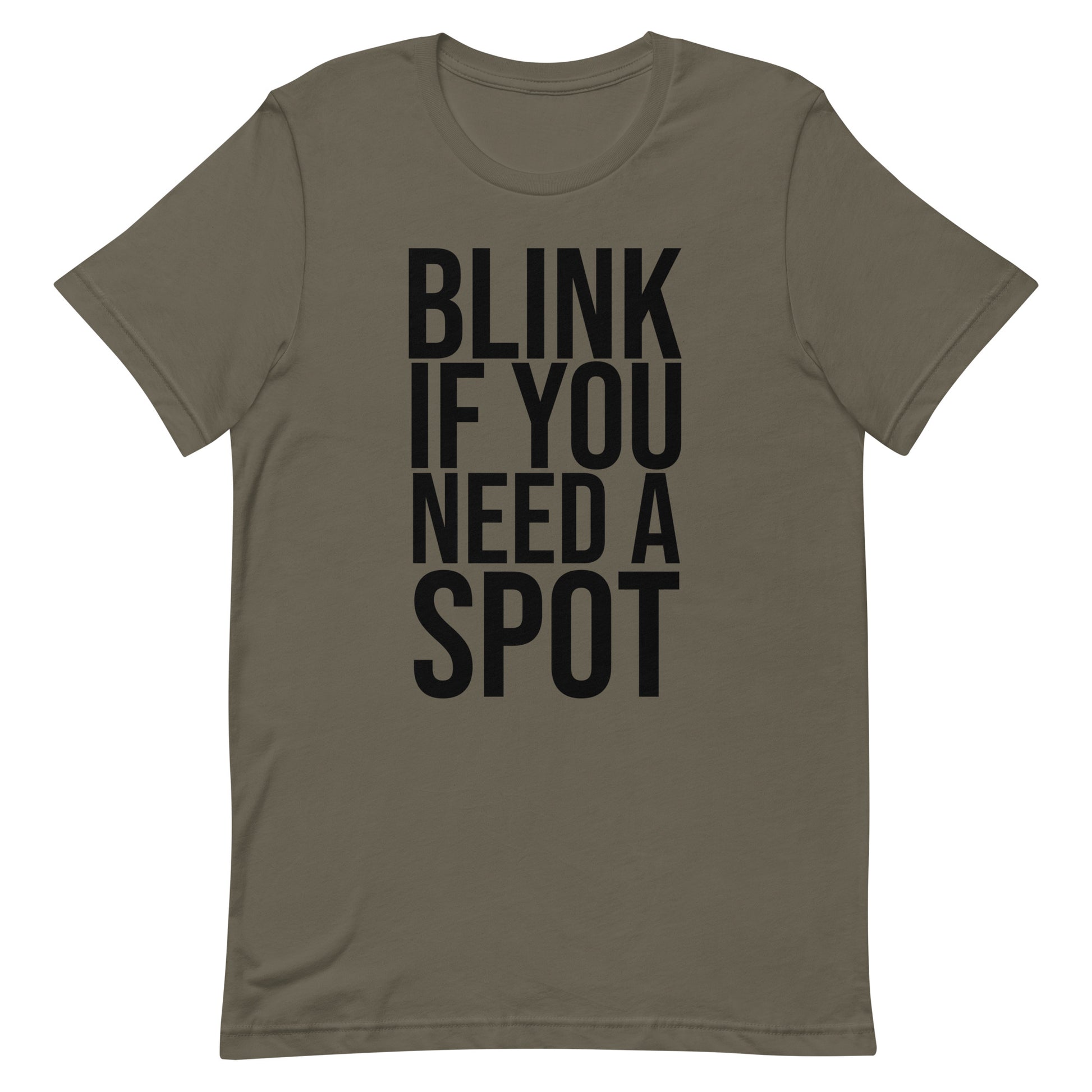 In the gym, a person wears the Bougie Boiz Club Blink If You Need A Spot Unisex T-shirt, highlighted amid weightlifting benches and exercise gear, perfectly setting off this quirky tee.