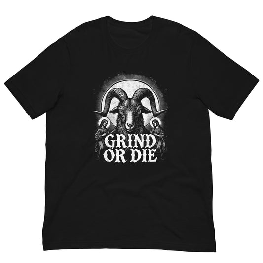 In the gym, a man wears a Bougie Boiz Clubs Grind Or Die Unisex T-shirt featuring a striking rams head design. The comfortable fit enhances his workout, with weights and benches in the background.