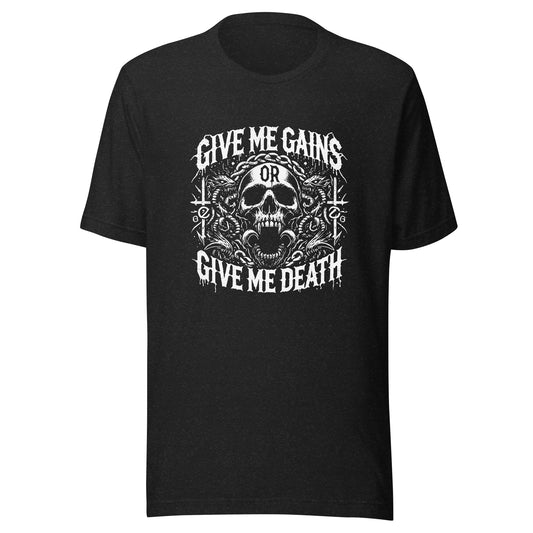 A person wearing the Bougie Boiz Clubs Give Me Gains - Unisex T-shirt flaunts a black tee adorned with a bold white skull graphic and the text Give Me Gains or Give Me Death, perfect for gym sessions.