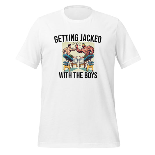 The Bougie Boiz Clubs Getting Jacked Unisex T-Shirt showcases a funny graphic of two cartoon figures arm wrestling, with GETTING JACKED WITH THE BOYS text framing the image, ideal for gym-goers who enjoy playful workout attire.