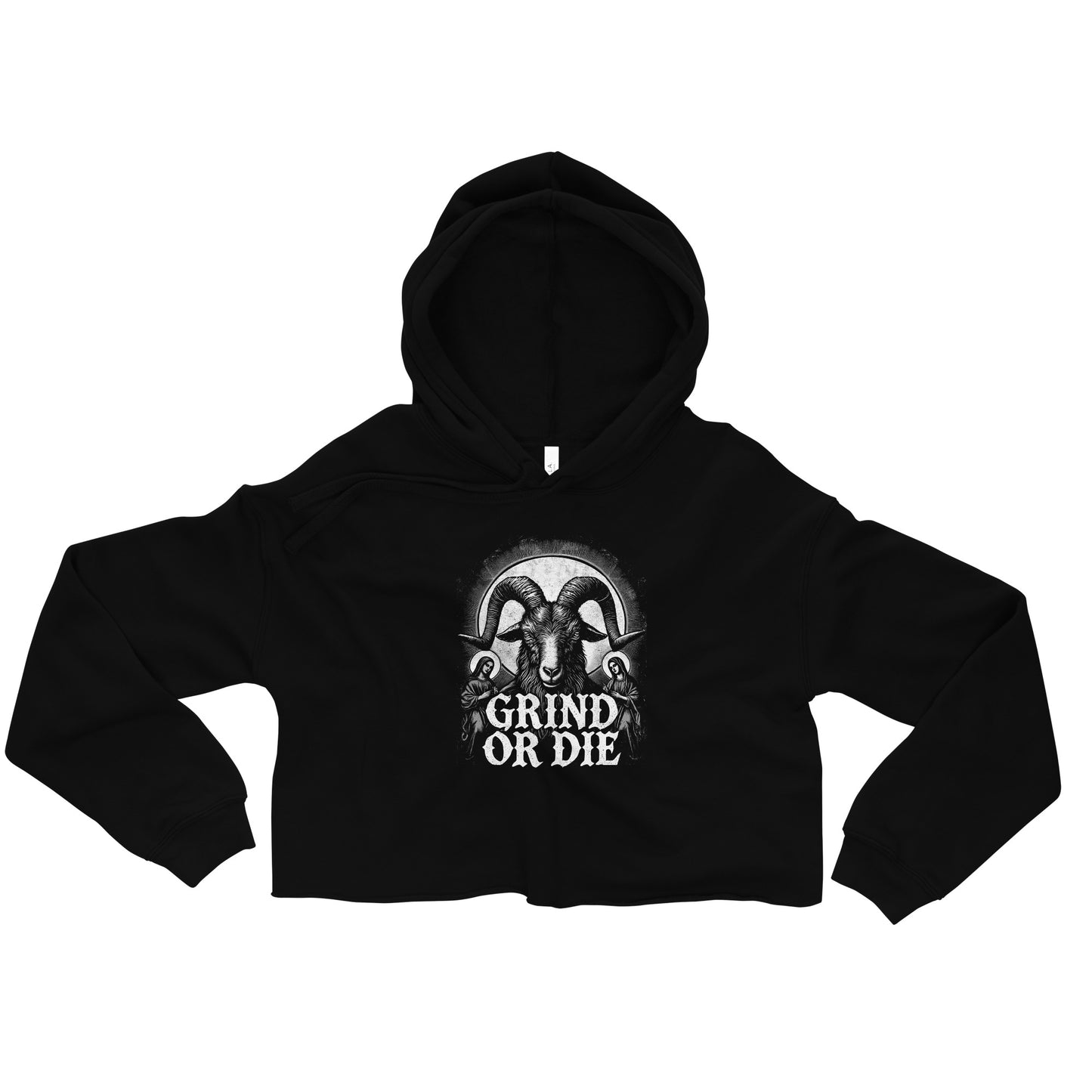 A woman in a Bougie Boiz Club Grind Or Die Womens Crop Hoodie stands confidently, her curly hair framing her face. With one hand on her hip, she gazes upward with a slight smile.