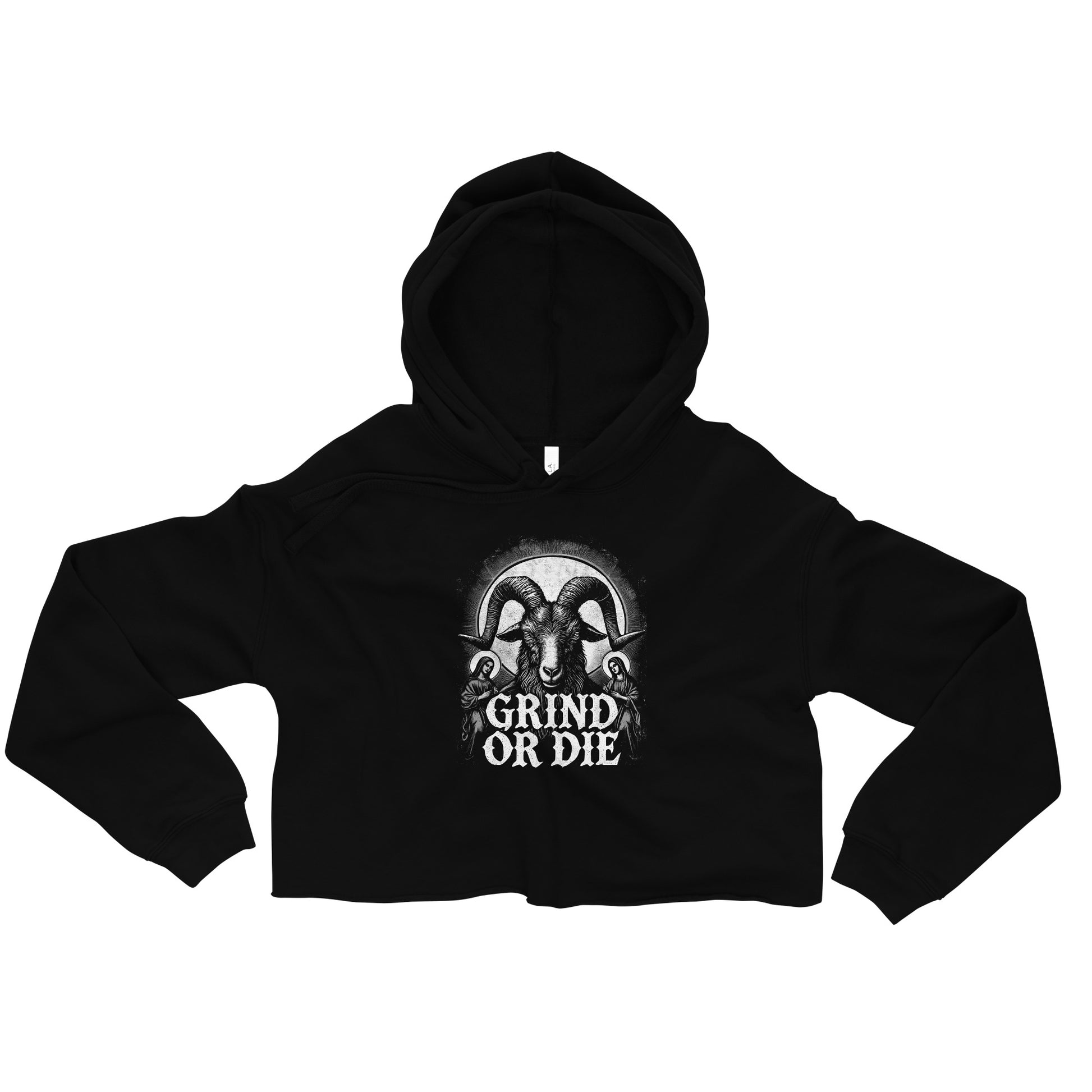 A woman in a Bougie Boiz Club Grind Or Die Womens Crop Hoodie stands confidently, her curly hair framing her face. With one hand on her hip, she gazes upward with a slight smile.